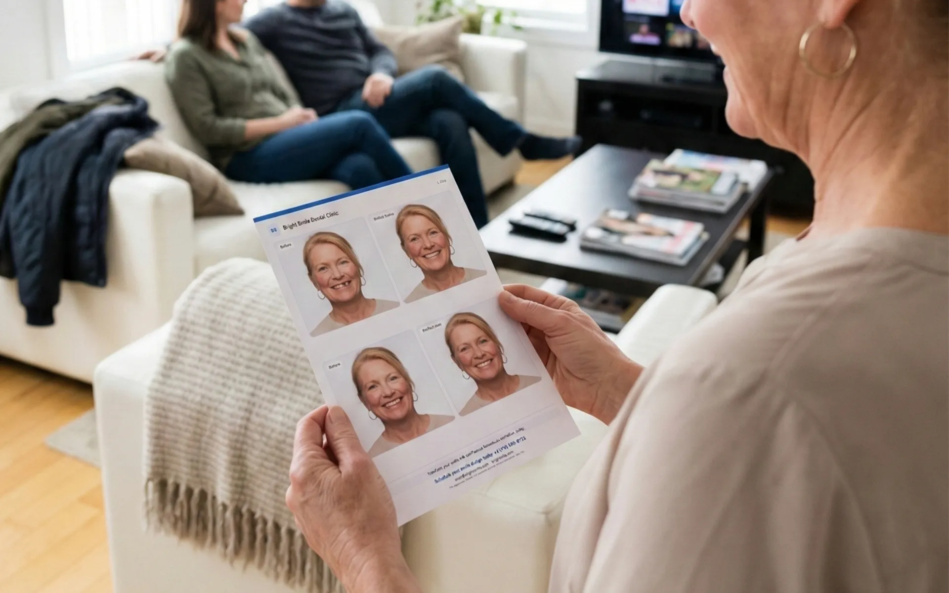 Patient reviewing smile simulation on mobile device with family