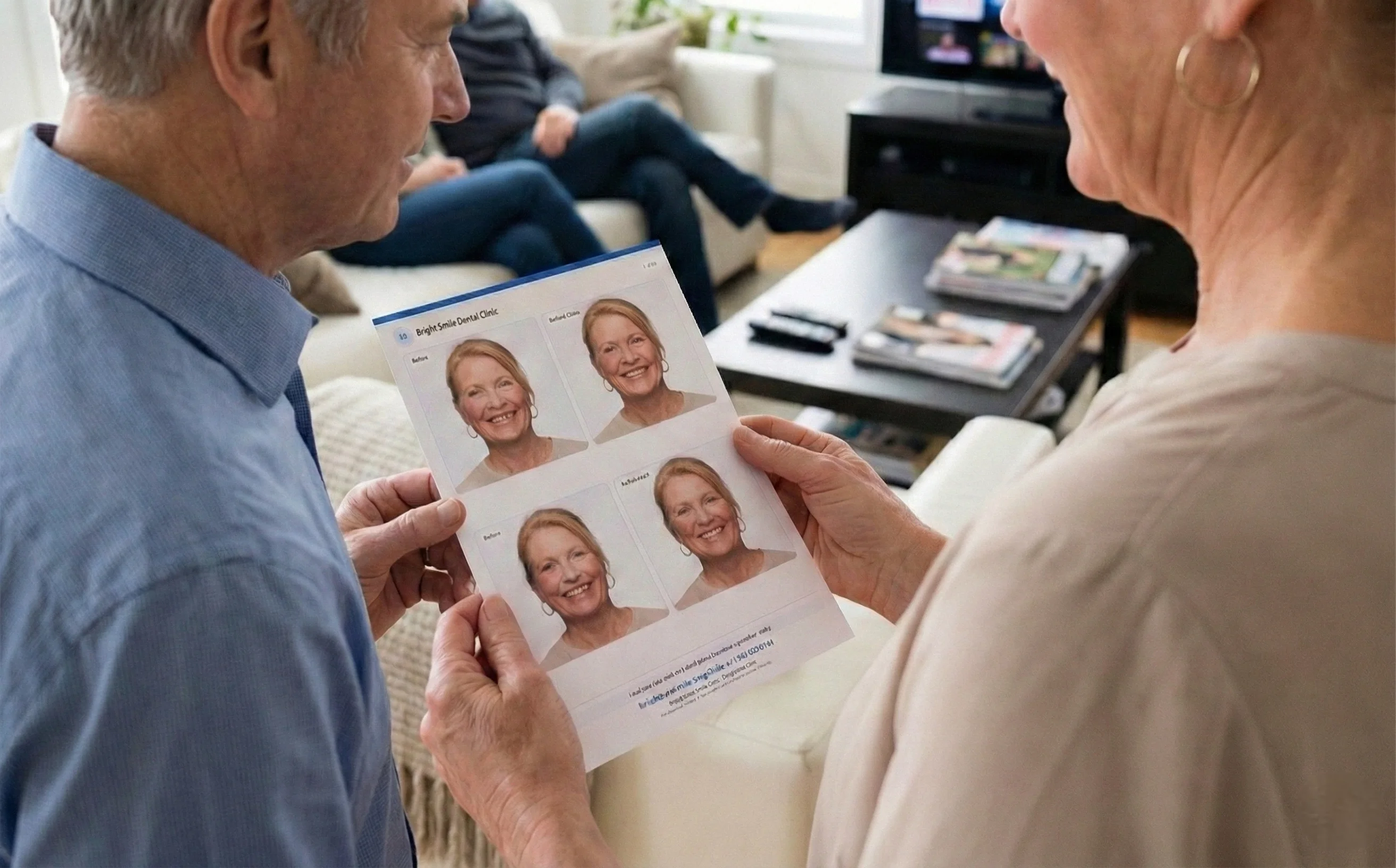 Patient reviewing smile simulation at home with family